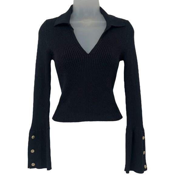 ANTHROPOLOGIE Maeve Black V-Neck Bell Sleeve Sweater Gold Button Size XXS NEW - Picture 8 of 10